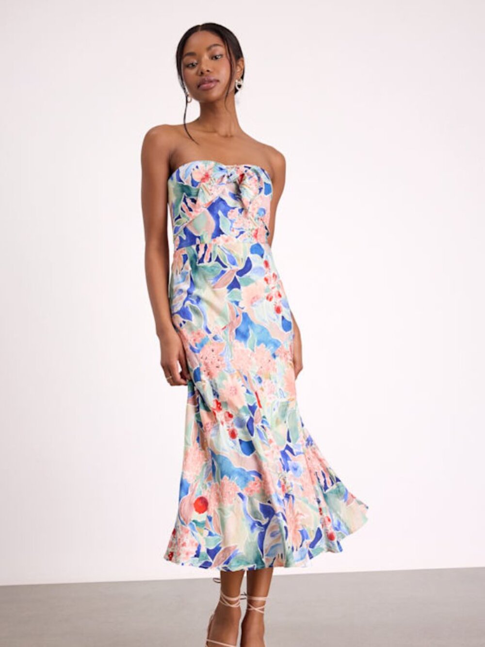 Lulus Shauna Blue Multi Floral Tie-front Midi Dress - Size M